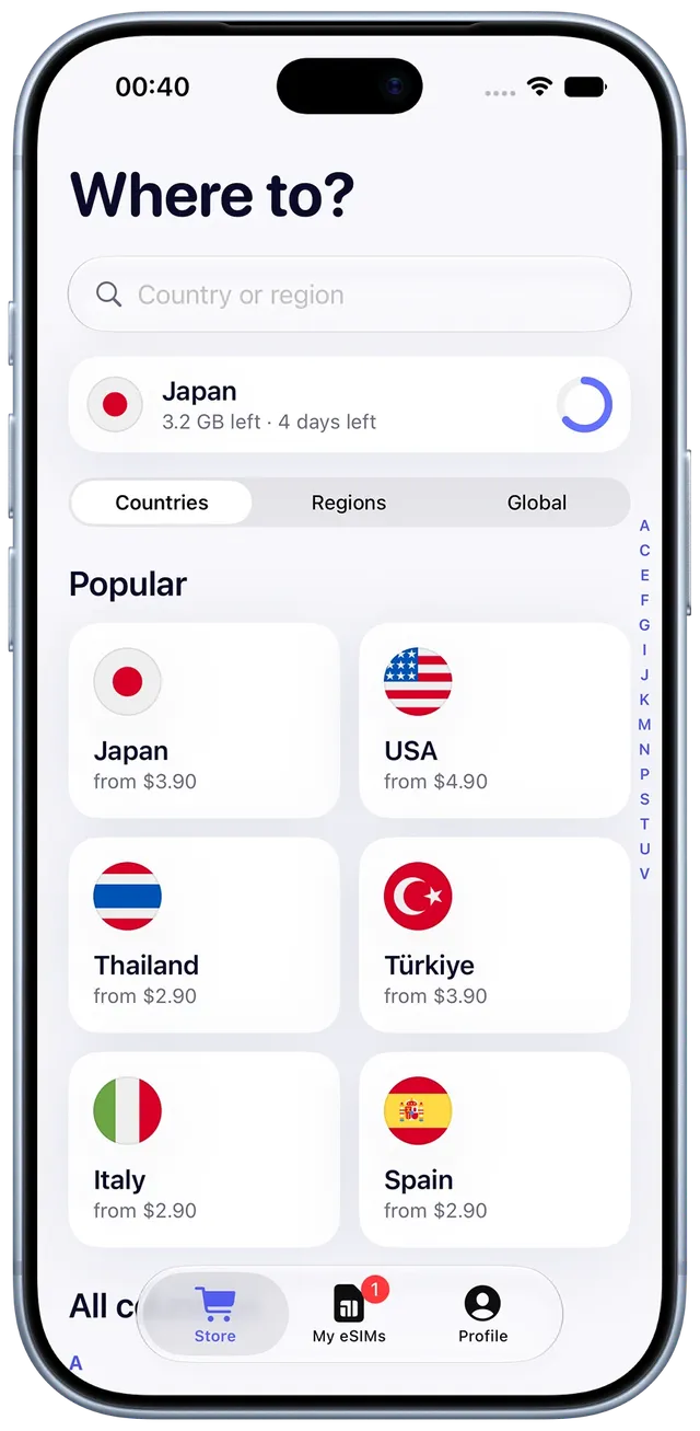 Etherly app: choose a country